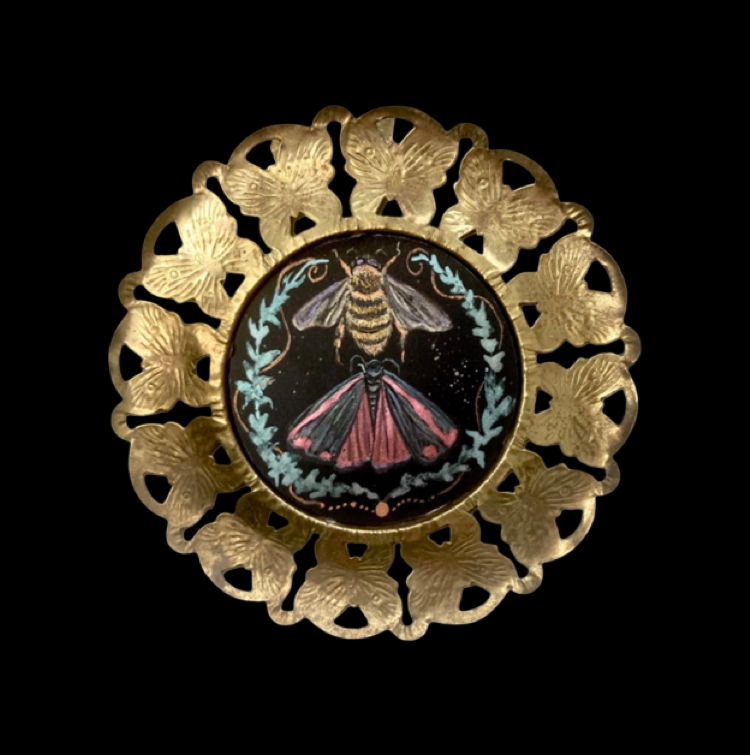 Bee and moth pearlescent watercolor miniature 3x3