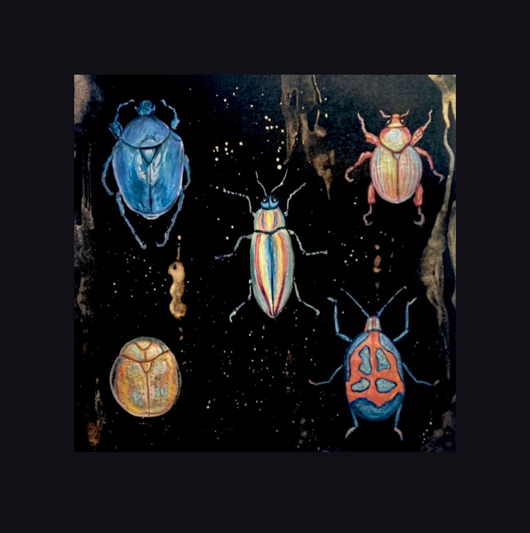 Jewel beetle collection pearlescent watercolor painting 8x8