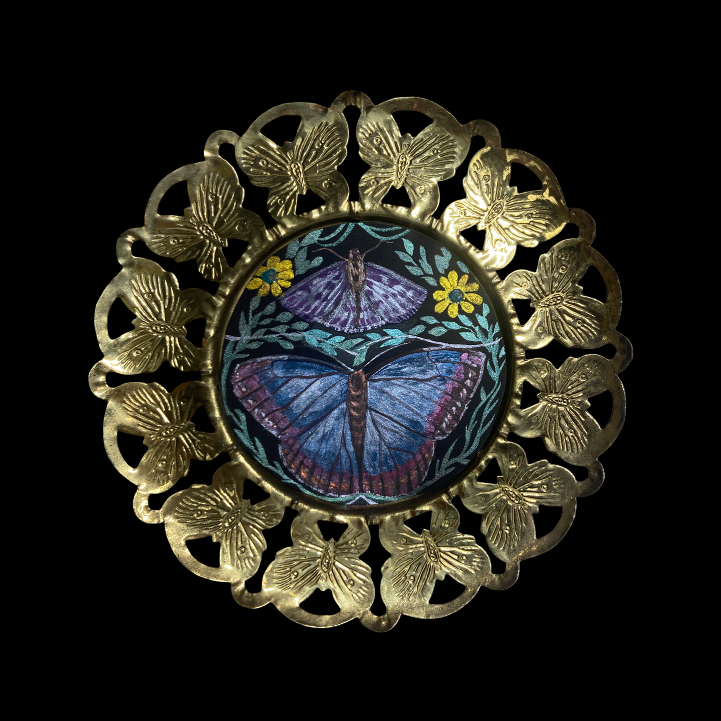 Morpho butterfly and moth pearlescent watercolor miniature 3x3