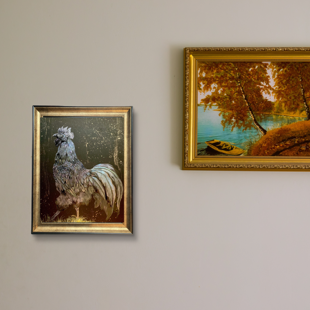 Black rooster 9x12 pearlescent watercolor painting unframed