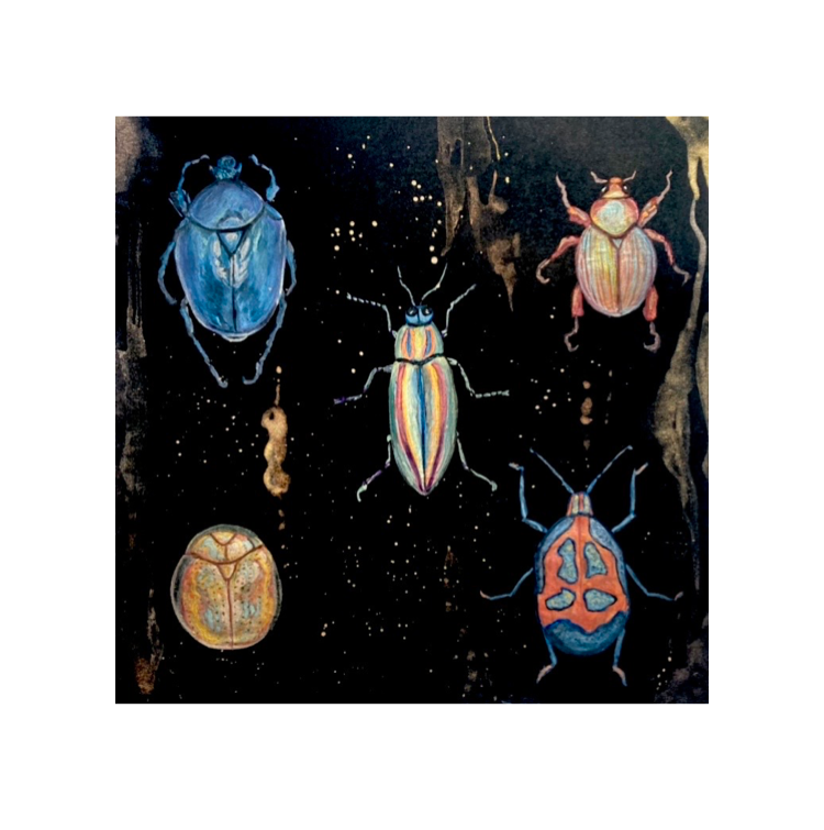 Jewel beetle collection pearlescent watercolor painting 8x8