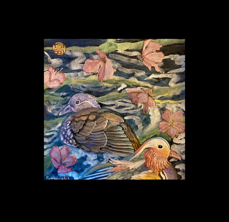 Mandarin ducks and cherry blossoms pearlescent watercolor painting 8x8
