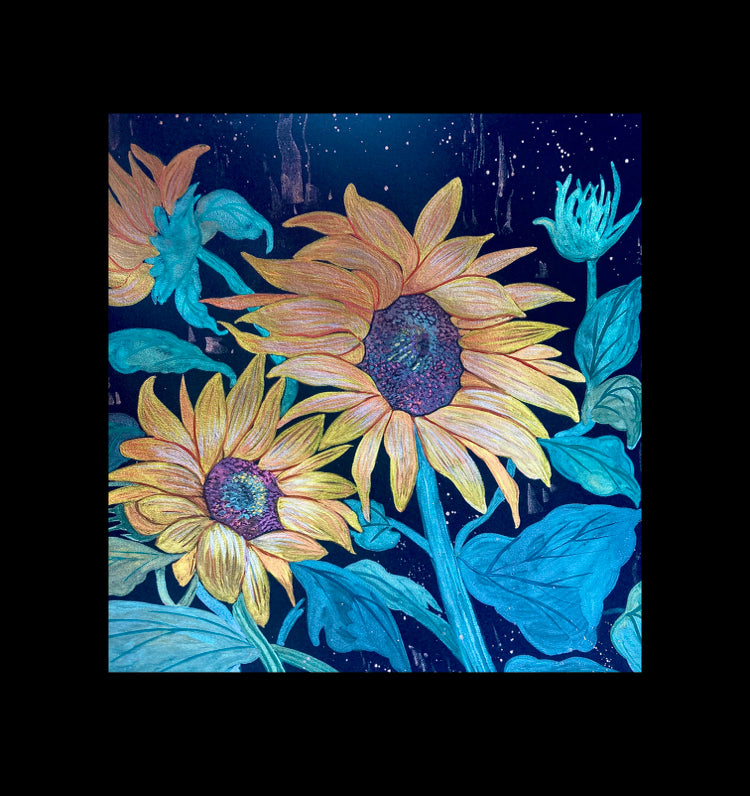 Sunflowers pearlescent watercolor painting 8x8