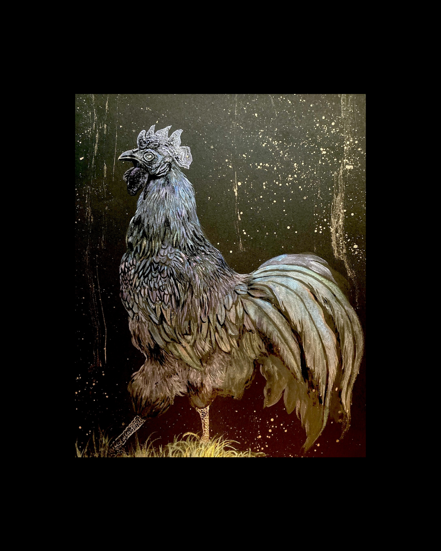 Black rooster 9x12 pearlescent watercolor painting unframed