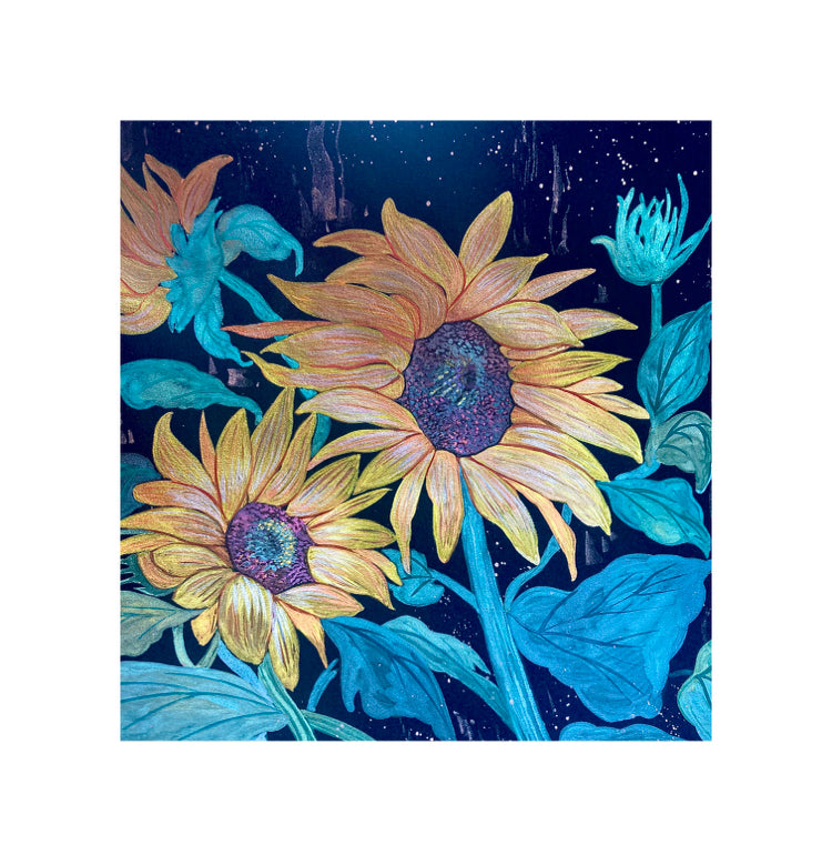 Sunflowers pearlescent watercolor painting 8x8