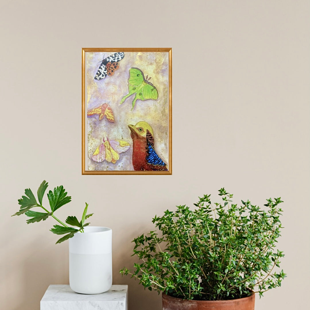 Golden pheasant and insects 4x6 hand embellished mini print