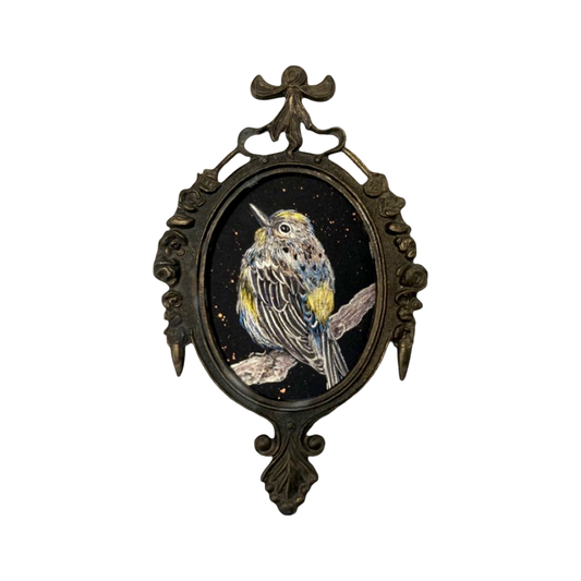 Yellow rumped warbler pearlescent watercolor miniature 3x4