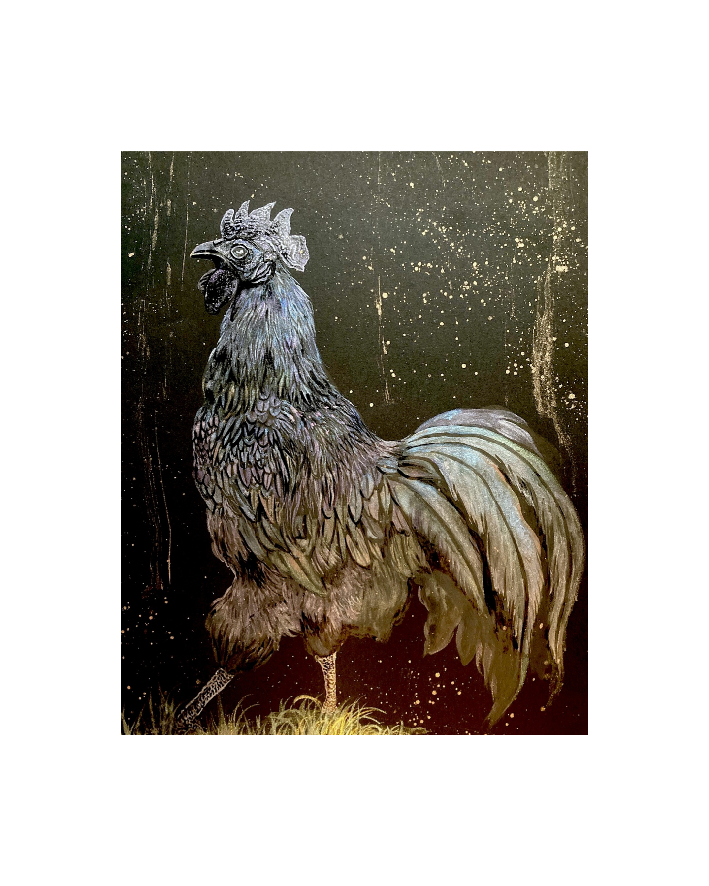 Black rooster 9x12 pearlescent watercolor painting unframed