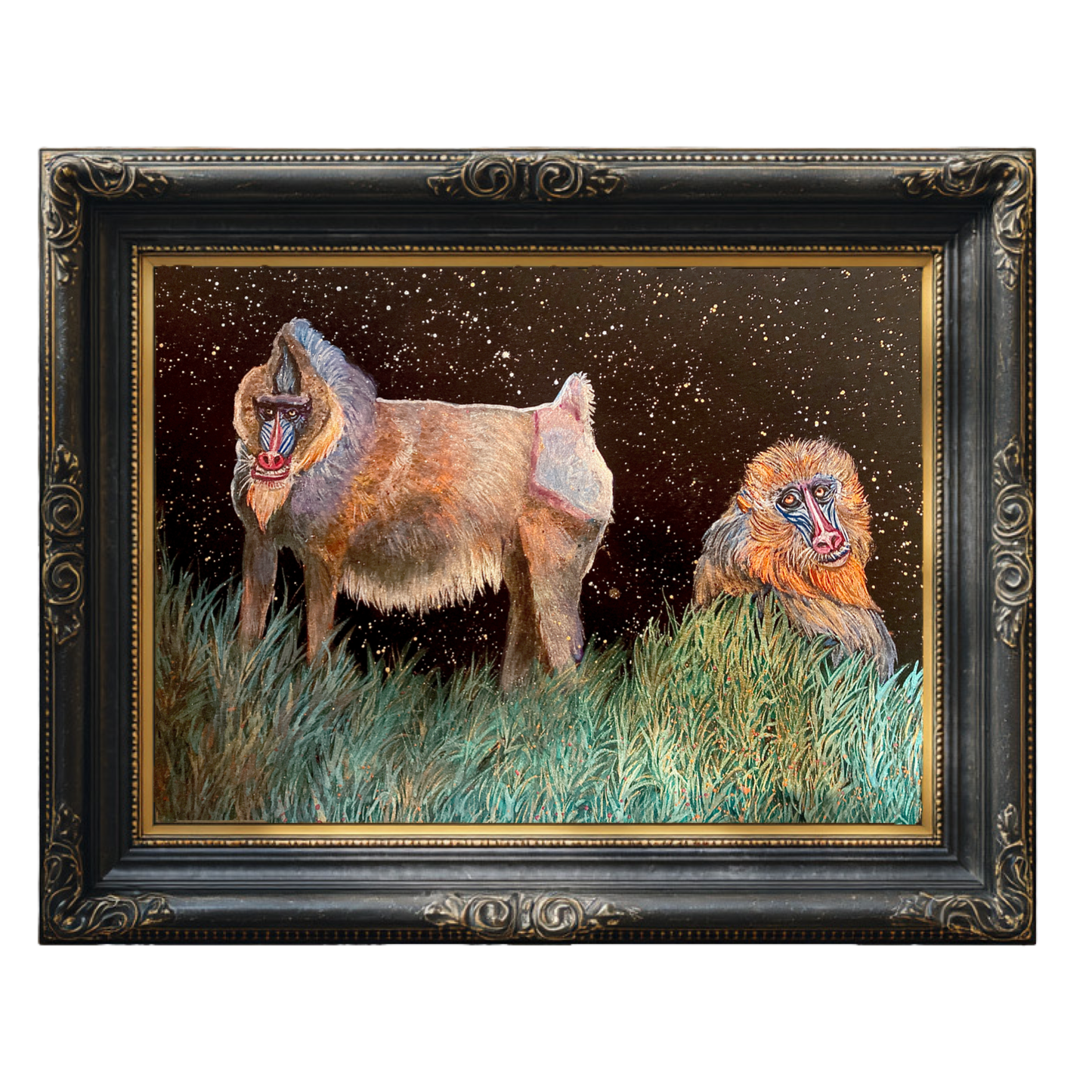 Mandrills and Stars Pearlescent Watercolor Painting 9x12