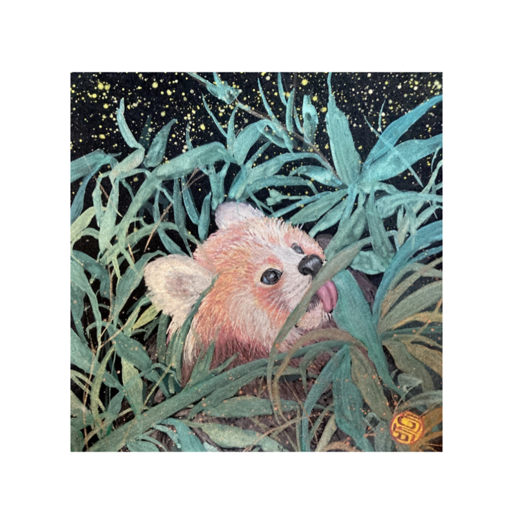 Red panda eating bamboo pearlescent watercolor painting 8x8