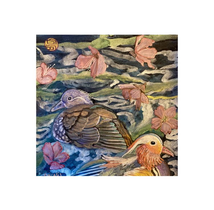 Mandarin ducks and cherry blossoms pearlescent watercolor painting 8x8