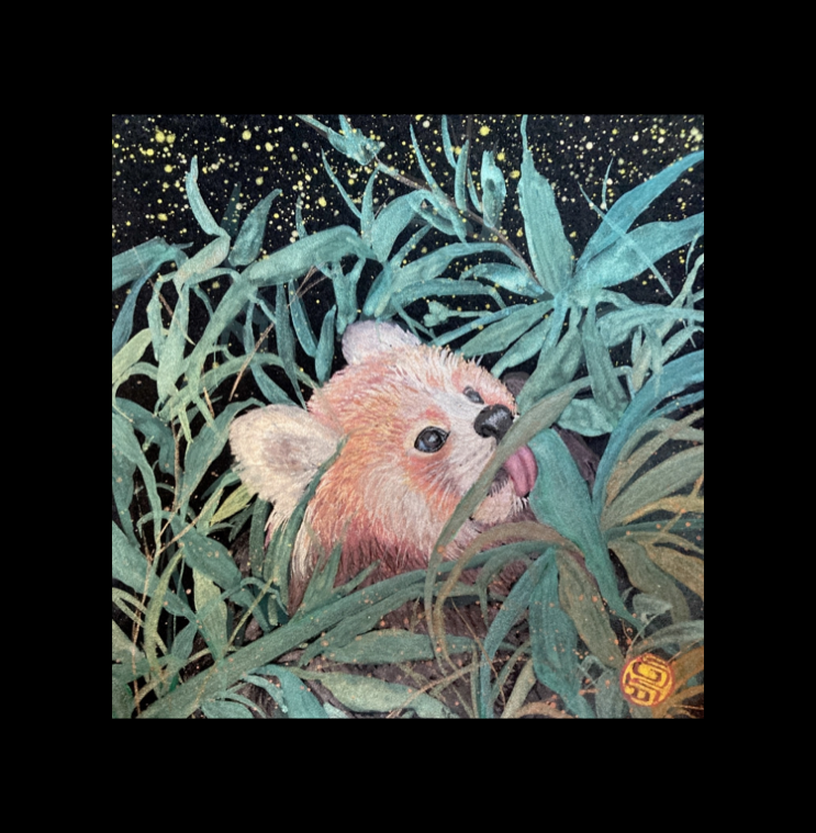 Red panda eating bamboo pearlescent watercolor painting 8x8